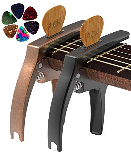 Image of 3in1 Guitar Capo for Acoustic&Electric Guitar Accessories 2 Pack | with Pick Holder and 6 Picks, Suitable for Ukulele and Stringed Instruments (Black & Bronze)