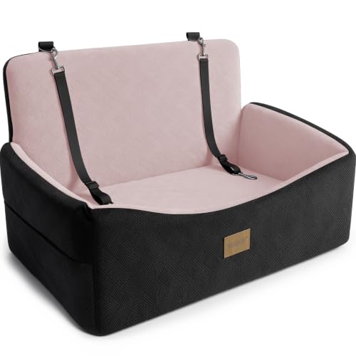 JOEJOY Dog Car Seat for Large Medium Sized Dogs Under 55 lbs, Dog Booster Seat for 2 Small Dogs with Detachable Washable Cover, Memory Foam Pet Car Seat with 2 Safety Belts and Storage Pockets