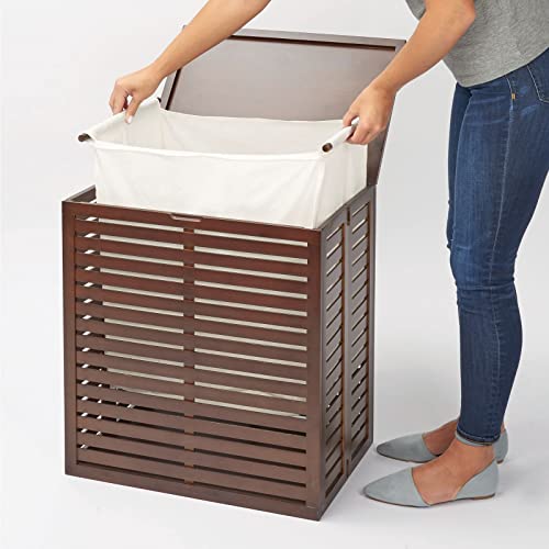 mDesign Cesto portabiancheria ecologico in bambù – Cesto bucato pieghevole stile rustico con sacca interna rimovibile – Porta biancheria sporca per bagno, lavanderia o camera da letto – marrone scuro - Image 6