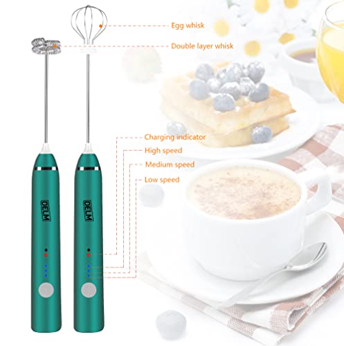 Image of Delm Milk Frother Electric USB Stainless Steel Accessory - Frother Wand Foam Maker for Lattes - Milk Frother Handheld for Cappuccino, Frappe, Matcha, Hot Chocolate - Frother for Coffee (green)
