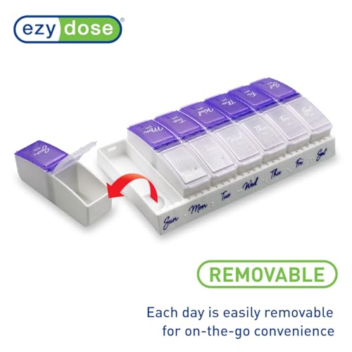 Image of Ezy Dose Weekly (7-Day) Daily Pill Case, Medicine Planner, Vitamin Organizer, 2 Times a Day AM /PM, Small Pop-out Compartments, Arthritis Friendly, Easy to Use, Pearlescent and Lavender Lids, BPA Free