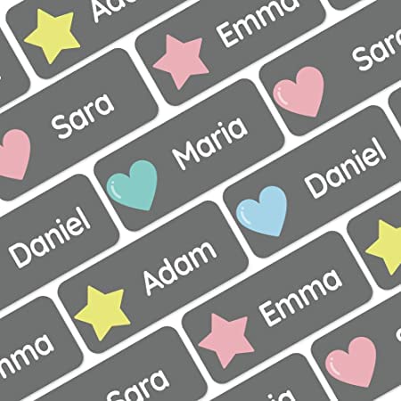 My Nametags® Award-Winning Name Stickers for Clothes & Items | 56 No-Iron, Washable Stick-On Tags for Babies, Kids & Adults | Heart Stickers (Grey)