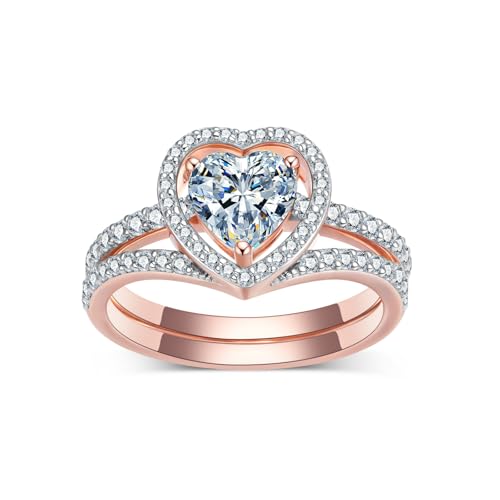 1CT Center Heart Cut Moissanite Wedding Ring Set for Women,18K Rose Gold Platinum Plated Stackable Bridal Sets 925 Sterling Silver Halo Moissanite Engagement Ring Sets Gift for Anniversary Wedding