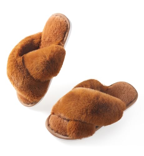 Image of Ankis Women's Fuzzy Slippers Cross Band Memory Foam Open Toe Comfy Soft House Shoes Anti-Slip Indoor Outdoor Gifts for Women