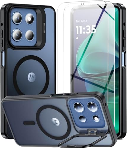 Magnetic Case for Motorola Moto G 5G 2025/ G 5G 2026/ G Play 2026,Moto G 5G 2026 Phone Case with 2X Screen Protector [Built-in Camera Ring Stand][Fit for MagSafe] Translucent Shockproof Cover,Black