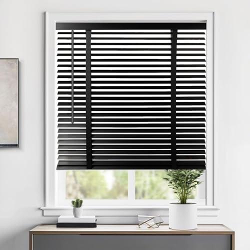 Persianas Venecianas de Madera, Horizontales Privacidad Persiana Veneciana Interior, Venecianas de Madera Real Persiana A Medida 30-180cm para Cocina/Dormitorio/SalóN/Baño(Negro)