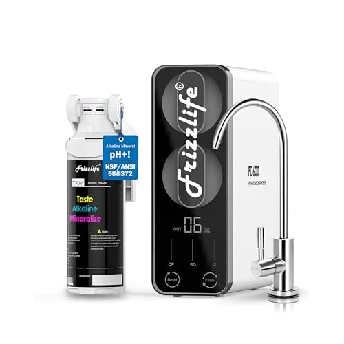 Frizzlife Reverse Osmosis Water Filter - Alkaline Mineral pH+, NSF/ASNI 58&53&42&372 Standard, 600GPD Tankless RO Reverse Osmosis System, Under Sink, 2:1 Pure to Drain, Reduce FPAS/PFOA, PD6