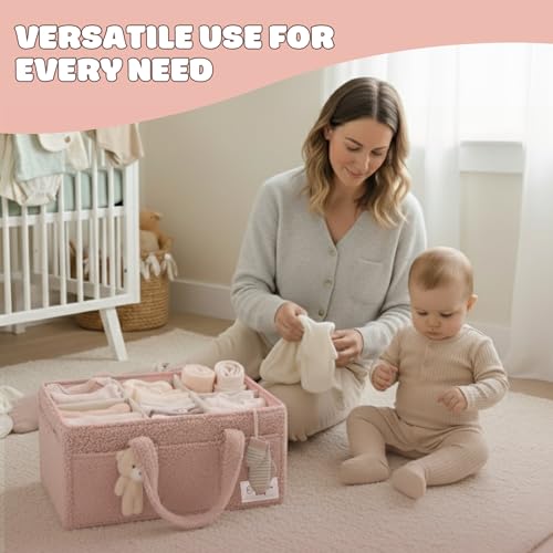 Image of OCEANEVO Cute Fur Diaper Caddy Organizer Bag WITH Luggage Tag AND Bear Charm, Baby Basket Essentials for Newborn Baby Products Storage with Compartments and Handle - 38 x 25 x 18 cm - Model 3 - Pink