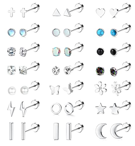 Lolias 21Pairs Flat Back Earrings For Women 20G Tiny Cartilage Earrings Stud Earrings For Cartilage Tragus Daith Helix Ear Piercing Comfortable Screw Back Earrings Pack,Silver #TOP10