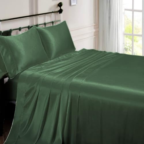 Parure de lit en satin de soie de mûrier classique vert olive 198 x 203 cm