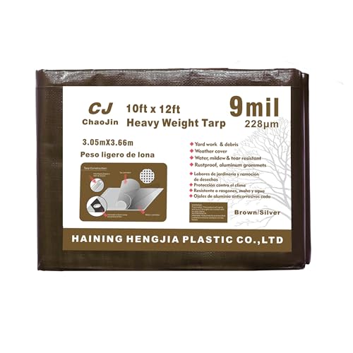 ChaoJin Heavy Duty Tarps Waterproof Tarp Cover Outdoor Thick UV Resistant Multipurpose Protective Cover for Emergency Rain Shelter Camping Tarpaulin with Grommets (9 Mil,10x12 Feet) Brown/Silver