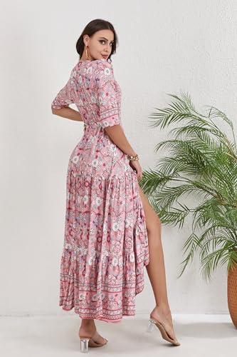 Image of Women Short Sleeve V Neck Floral Print Casual Bohemian Maxi Dresses