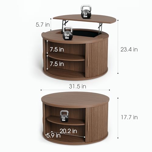 Image of JOINICE Round Lift Top Coffee Table with Storage for Living Room,Walnut | 31.5 inch Drum Design,Hidden Storage&Open Shelf,Modern Fluted Center Table for Small Apartments,Easy Assembly,Up to 150 lbs