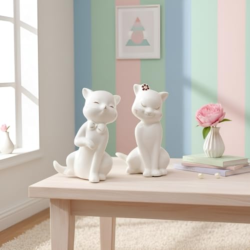 Image of Xtore Charming Ceramic Cat Couple Figurines for Home Decor | Minimalist Cute Showpieces for Living Room, Bedroom, Shelf & Gifting (White, 14 cm, Set of 2)