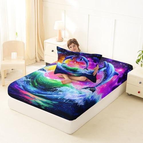 Image of jejeloiu Dolphin Bed Sheets Set Queen Size Tropical Ocean Bed Set Sea World Deep Pocket Fitted Sheet Summer Breathable Soft Lightweight Microfiber