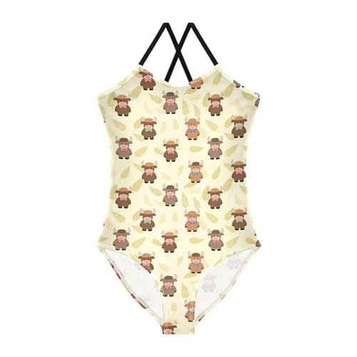 senya Girls Swimsuits One-Piece Swimwear Tie Bathing Suit Beach Summer Round Neck 9-10T Cartoon Highland Cattle Pattern