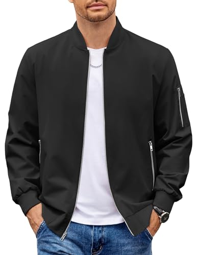 COOFANDY Black Bomber Jacket Lightweight Casual Windbreaker Spring Fall Zip Up Jackets Polyester Coat With Pocket L