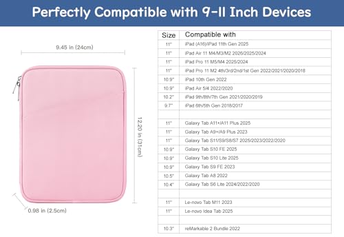 Image of Dadanism 9-11 inch Tablet Sleeve Bag Carrying Case for iPad (A16) 11th Gen 11 inch, iPad 10th Gen 10.9 inch Air 5 /4, iPad Air M4 /Pro 11 inch, iPad 9 /8 /7th, Galaxy Tab A11+ Plus 11 inch, Remarkable 2 10.3 inch, Flowers Pink