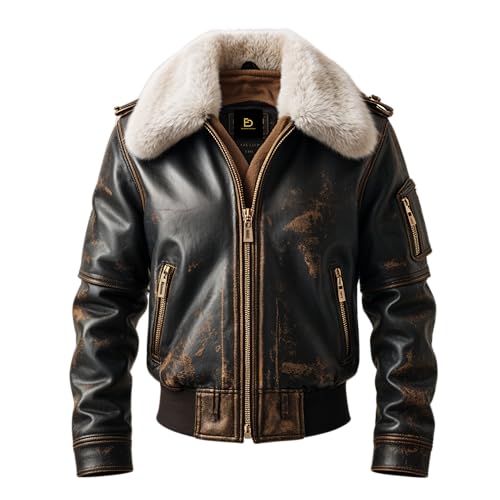 Distressed Black Aviator Real Leather Jacket Men Shearling Collar Multiple Pockets Vintage Winter Style