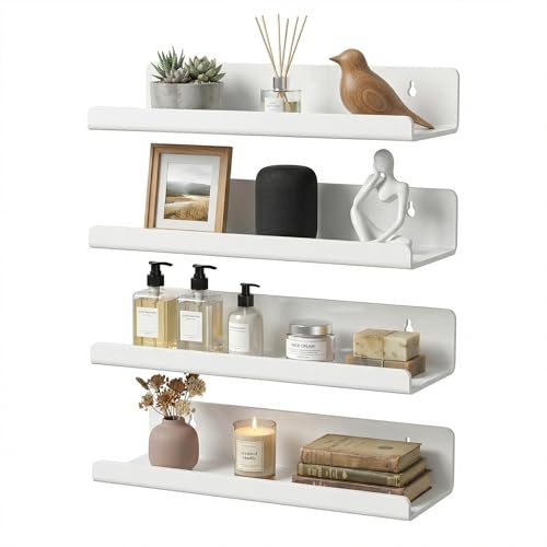 Image of White Acrylic Floating Shelves, No Drill Wall Shelves, 4 Pack | Glossy White Acrylic; 4 Pack Wall Shelves; Adhesive or Screw Mount; No Drill Option; 12 lb Max Load