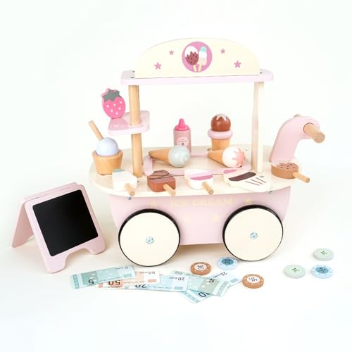 SIzlahoおままごとセット木のおもちゃ木製アイスクリームショップ台所知育玩具子供用おままごとセット組立式ごっこ遊び親子遊び誕生日プレゼント入園お祝い (白桃チーズアイスクリームトラック)