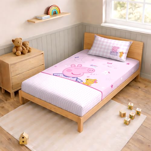 Image of Sassoon Peppa Pig (Sleep) Digital Printed, Cotton Single Bedsheet, 300 TC, 1 Pillow Cover, Fade Resistant, Bedsheet for Kid's Bedroom, (1.50m X 2.35m)