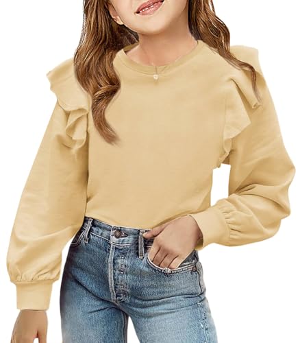 Zwurew Long Sleeve Girls Shirts Crewneck Sweatshirts Ruffle Tops Khaki Spring Clothes Shirts for Girls 9-10 Years
