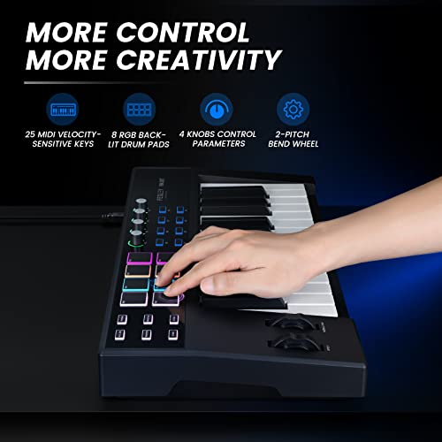 Fesley 25 Key Usb Midi Keyboard, Full-Size Midi Controller Keyboard For Music Production, Professional Music Production Equipment, Midi Keyboard Controller With 8 Backlit Drum Pads, 4 Knobs #TOP2