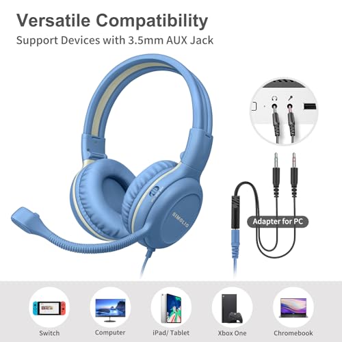 Image of SIMOLIO Wired Headphones for School with Microphone, Stereo Kids Headphone with Flexible Swivel Boom Mic for Student K12 & Teacher & E-Learning, 3 Levels Volume Limiter Gaming Headsets for Boys, Girls