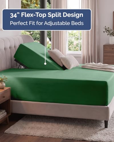 Image of Extra Deep Flex Top Split Head King Fitted Sheet - Hotel Luxury Single Fitted Sheet Only - Easily Fits 18 inch to 24 inch Mattress - Ultra Soft, Wrinkle Free w /Extra Deep Pockets - Emerald Green
