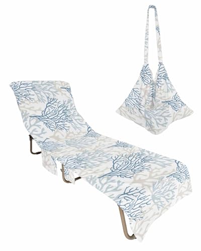 Beach Pool Patio Lounge Chaise Chair Cover Towel with Pockets,Blue Grey Coral Absorbent & Quick Dry Microfiber Towel Cover Bag Summer Travel Accessories Coastal Beach Ocean Summer Beach Watercolor