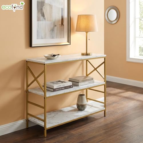 Image of ecofynd 35 Inch 3 Tier Console Table, Metal with Engineered Wooden top for Long Narrow Hallway, Entryway, Living Room, Dining Room, Office, Home Side Table Storage Shelves (WHTGO, CT003)