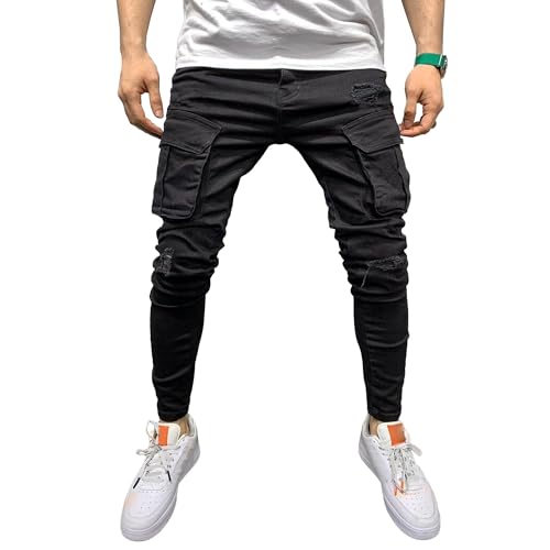 Men's Tapered Leg Cargo Jogger Jeans Slim Fit Stretch Skinny Biker Jeans Casual Fashion Hip Hop Denim Pants
