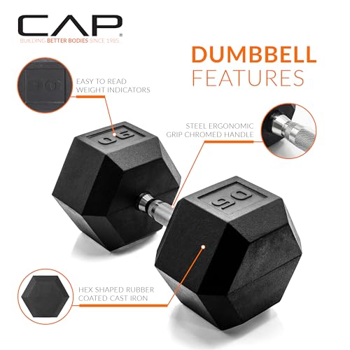 Image of CAP Rubber Coated Dumbbell Weights, Free Weights for Home Gym Strength Training, Anti-Roll Hex Dumbbells with Black, Chrome & Comfort Grip Handles, Singles