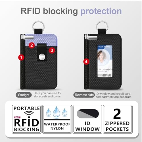 Image of Minimalist RFID Blocking Small Wallet with ID Window,WaterResistant Zip Id Case Wallet with Lanyard Keychain for Cards,Cash,Travel,Women,Men (Black /Lavender Purple)
