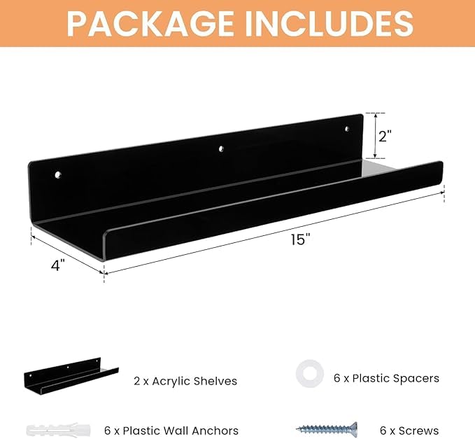 Image of Acrylic Floating Wall Shelves, 15 Inch Clear Shelf | Thick Invisible Wall Display Shelf 3 mm (Black, 15, 6)