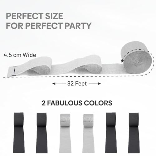 Image of 6 Silver Black Crepe Paper Streamers, 492ft Pack of Party Decorations | Each roll is 82 ft long and 1.8 Inch wide ideal for Birthday Party Decor, Wedding Decorations and Educational Ceremony