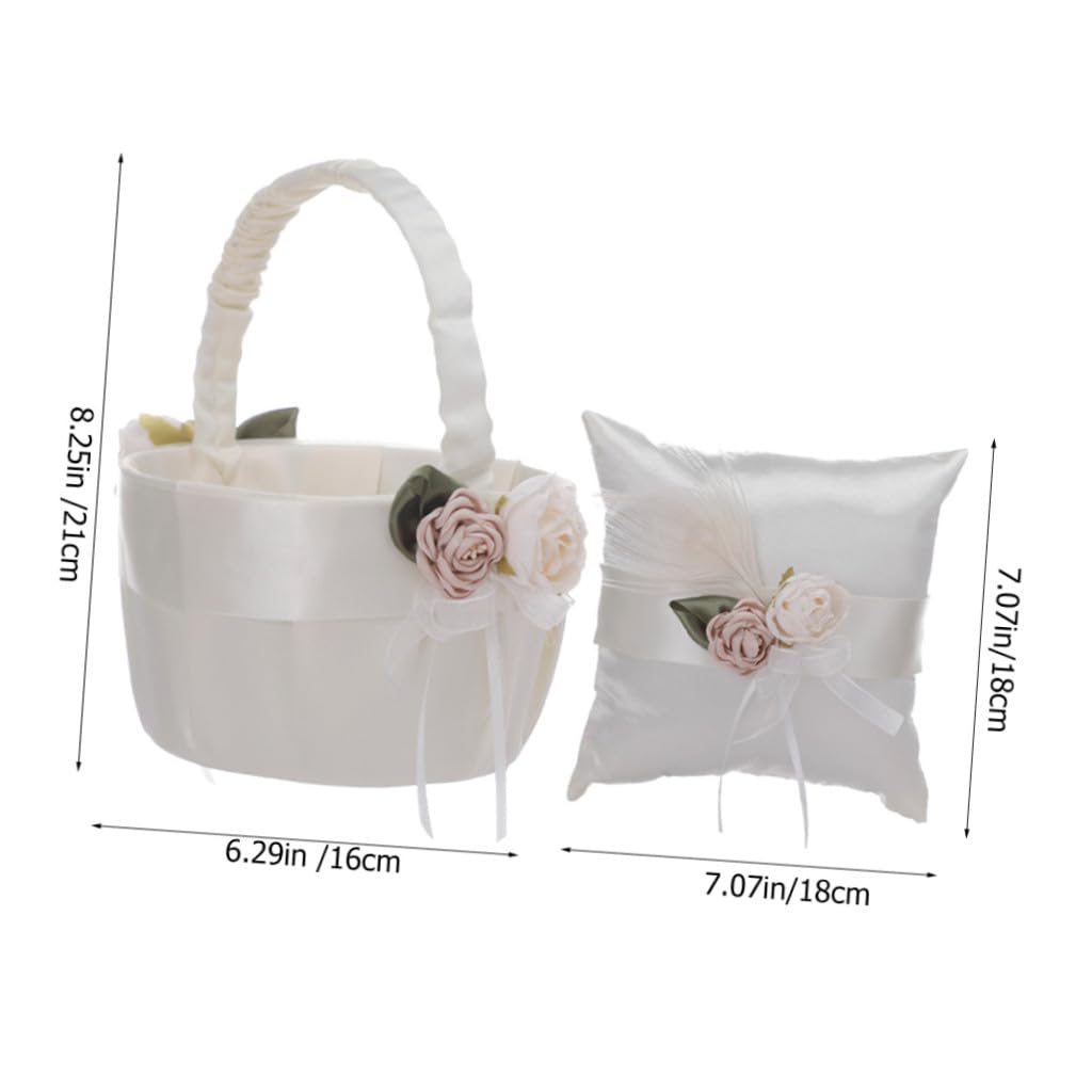 SHINEOFI Panier de Demoiselle D'honneur Mariage 2 Pièces Coussin D'alliances en Satin Blanc et Nœud en Dentelle, Décoration Fleurs, Accessoire Cérémonie Romantique