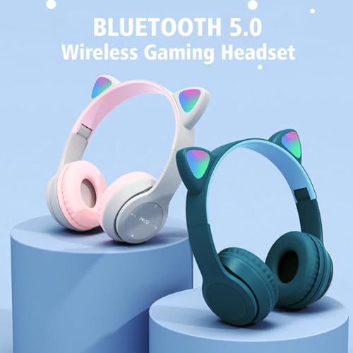 XuYelora Wireless Gaming Headset, Bluetooth 5.0 Foldable Wireless Gaming Headset, Cute Cat Ear LED Light Up Over-Ear Headphones, Lightweight Over-Ear Headphones(Blue+White) by XuYelora - Image 5