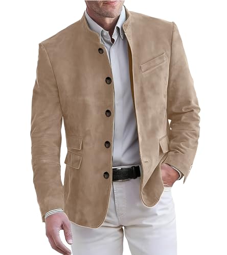 Image of DRCUIVS Men's Faux Suede Blazer Mandarin Collar Single Breasted Slim Fit Business Casual Suit Jacket Vintage Tailored Sport Coat for Wedding Dinner Party Travel Beige X-Large