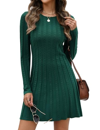 Hotouch Robe en tricot femme élégante, pullover en tricot, robe à manches longues, pullover, col rond, robe d'hiver, sweat-shirt, robe A-ligne, robe mi-longue de cocktail, vert foncé, S