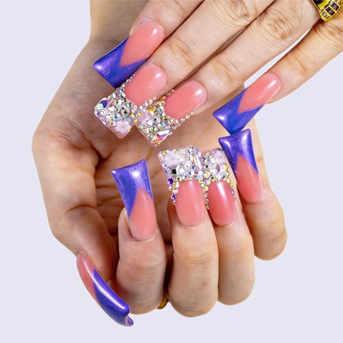 IntoVibes 10 Pieces Handmade Luxury Metallic Cool Purple Shimmer With AB Crystal Shine Long Press On Nails With Bling Rhinestones And Y2K Princess Vibes, Reusable Fake Nails, Acrylic Nails (S) — view 3