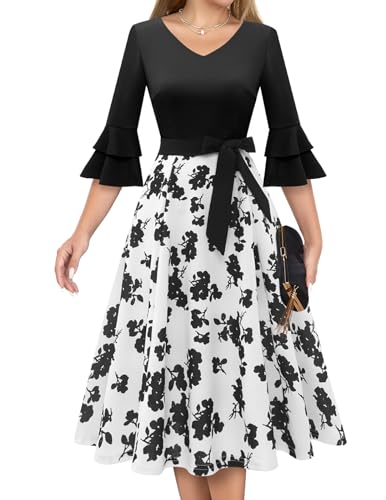 Image of DRESSTELLS Women's Cocktail Dress Summer Wedding Guest Party Vintage 3 /4 Bell Sleeve V Neck A-Line Dress