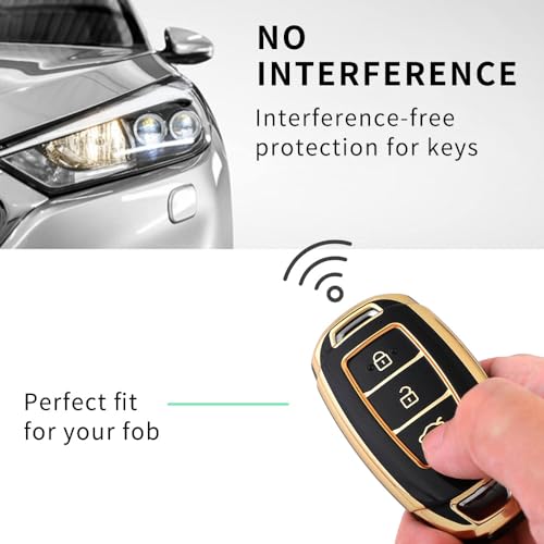 Image of TPU Car Key Cover Black & Golden Compatible for Hyundai Kona Electric, Verna (Hyundai, 3 Button Push Start Key)