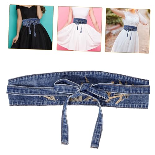 Retro Denim Belt for Women with Embroidered Leaf Decoration Wide Corset Cinch Waistband for Dresses and Comfortable Dress Accessory3