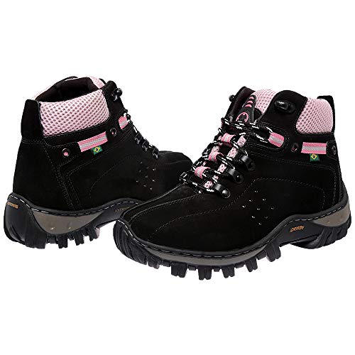 Bota Coturno Adventure Feminino Preto-Rosa em Couro e Solado Costurado (Top 10 Calçados)
