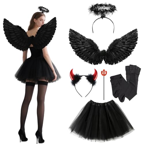 6 Stück Schwarz Engel Kostüm Damen Set, Engel Teufel Kostüm Damen mit Tütü Rock, Heiligenschein, Zauberstab und Strümpfe für Halloween Karneval...