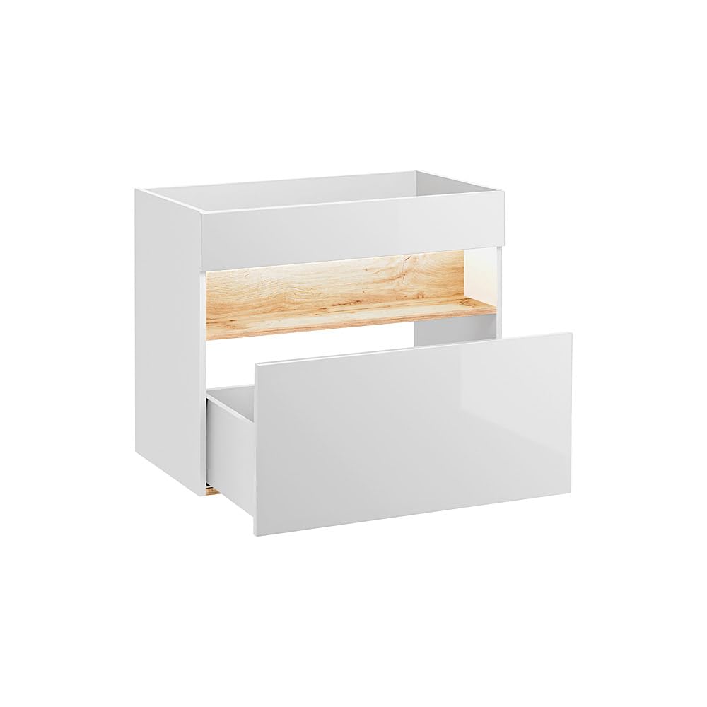Lomadox Badezimmermöbel Badmöbel Set, 80cm Unterschrank mit Keramik Waschbecken, Hochglanz weiß mit Wotaneiche, 2 Hochschränke und LED-Spiegelschrank
