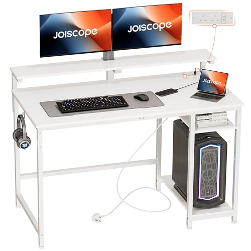 JOISCOPE Computer Desk, 120cm Small With Power Outlets, USB & Type-C and Shelves, White With Tabletop PC Stand and Hooks, for Work Play Study Bedroom Home Office