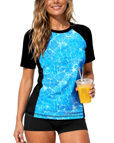 Image of AOBUTE Women Short Sleeve Rash Guard UPF 50+ Tropical Sun Protection Floral Swim Shirts